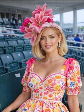 Pink Floral Stargazer Lily Fascinator Feathers  Beaded Headband KY Oaks Headwear